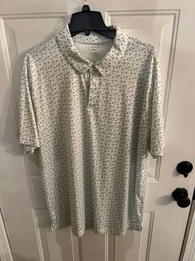 Men's White Polo Shirt with Green Mini Pattern